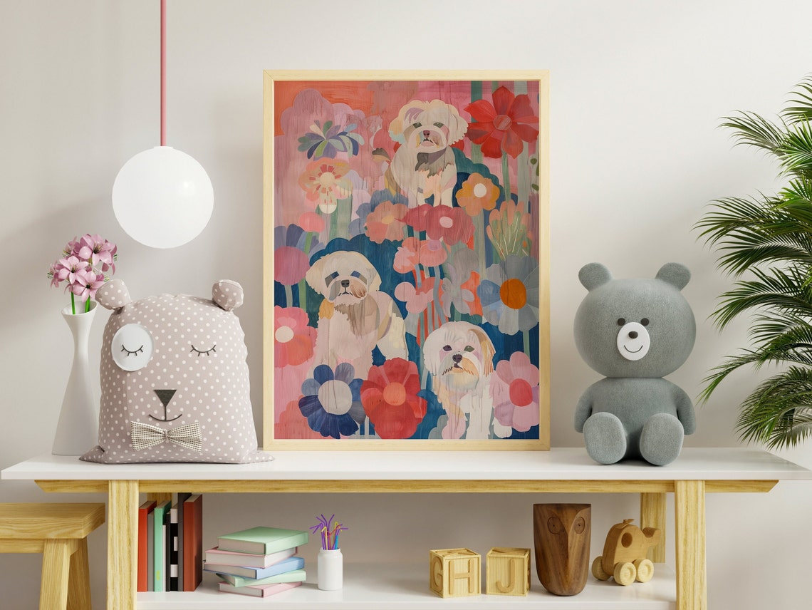 Three White Fluffy Dogs Among Colorful Flowers Cheerful Dog Poster - Image 3