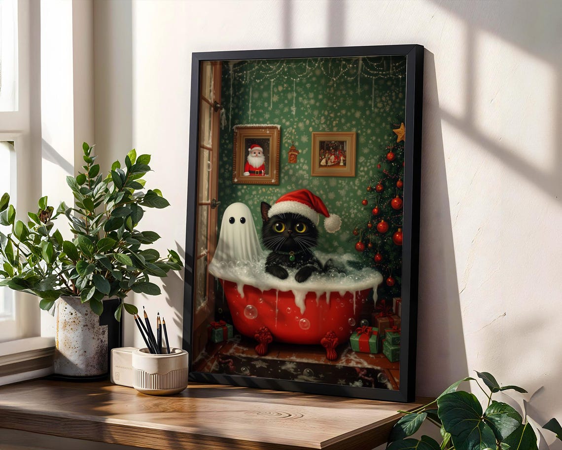 Ghost And Cat Christmas Bubblebath Poster Spooky Cute Ghost Xmas Bath Art Black Cat Print Whimsigoth Holiday Decor Unframed Cat Poster - Image 2