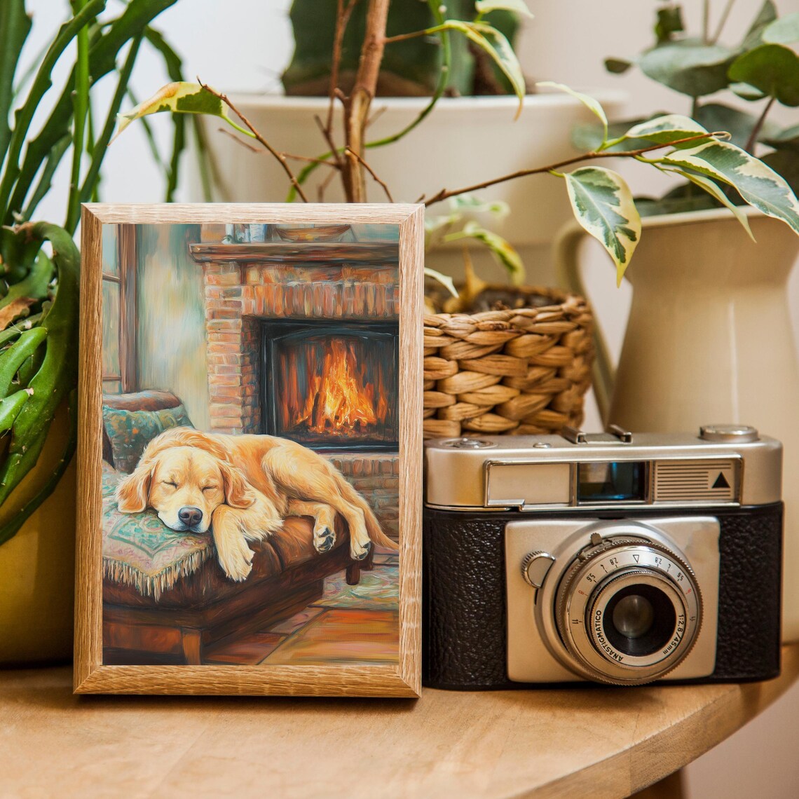 Sleeping Golden Retriever by the Fireplace Cozy Oil Painting Poster - Image 3