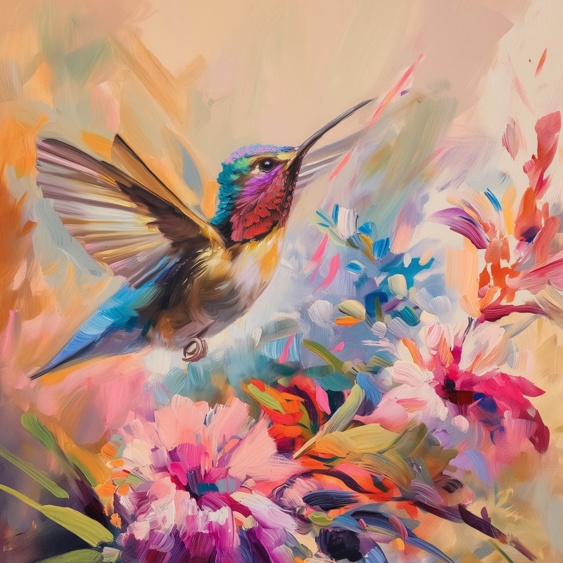 Colorful Hummingbird Poster Oil Painting Hummingbird Wall Art Vibrant Hummingbird And Flowers Colorful Bird Art Bird Poster - Image 3