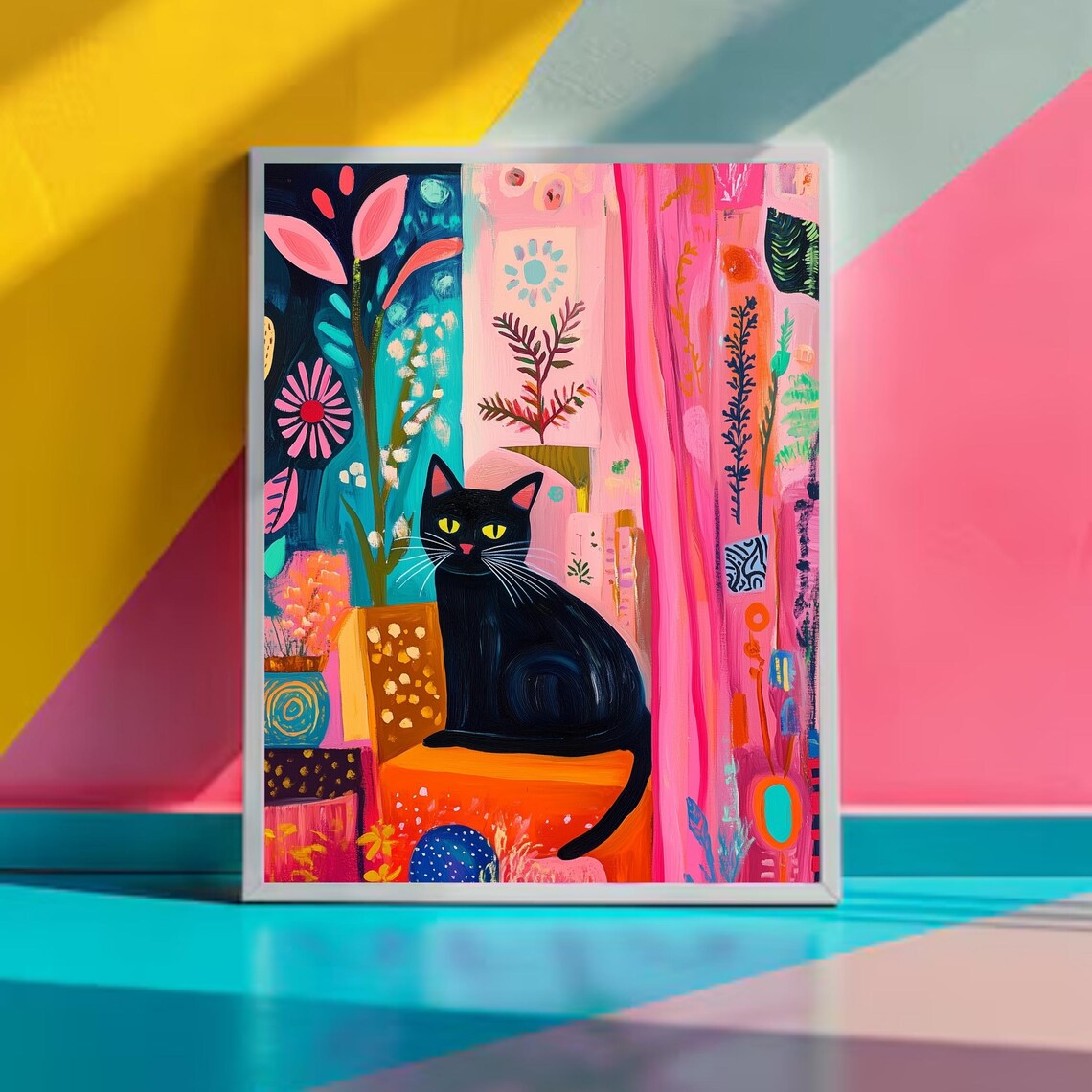 Black Cat With Bright Florals Art Print, Preppy Decor - Image 2