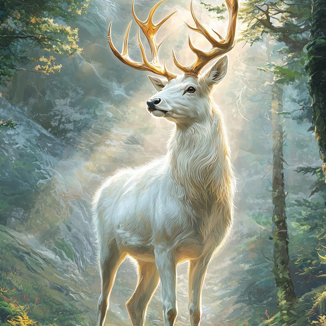 Majestic White Stag with Golden Antlers in a Sunlit Forest Poster - Image 3