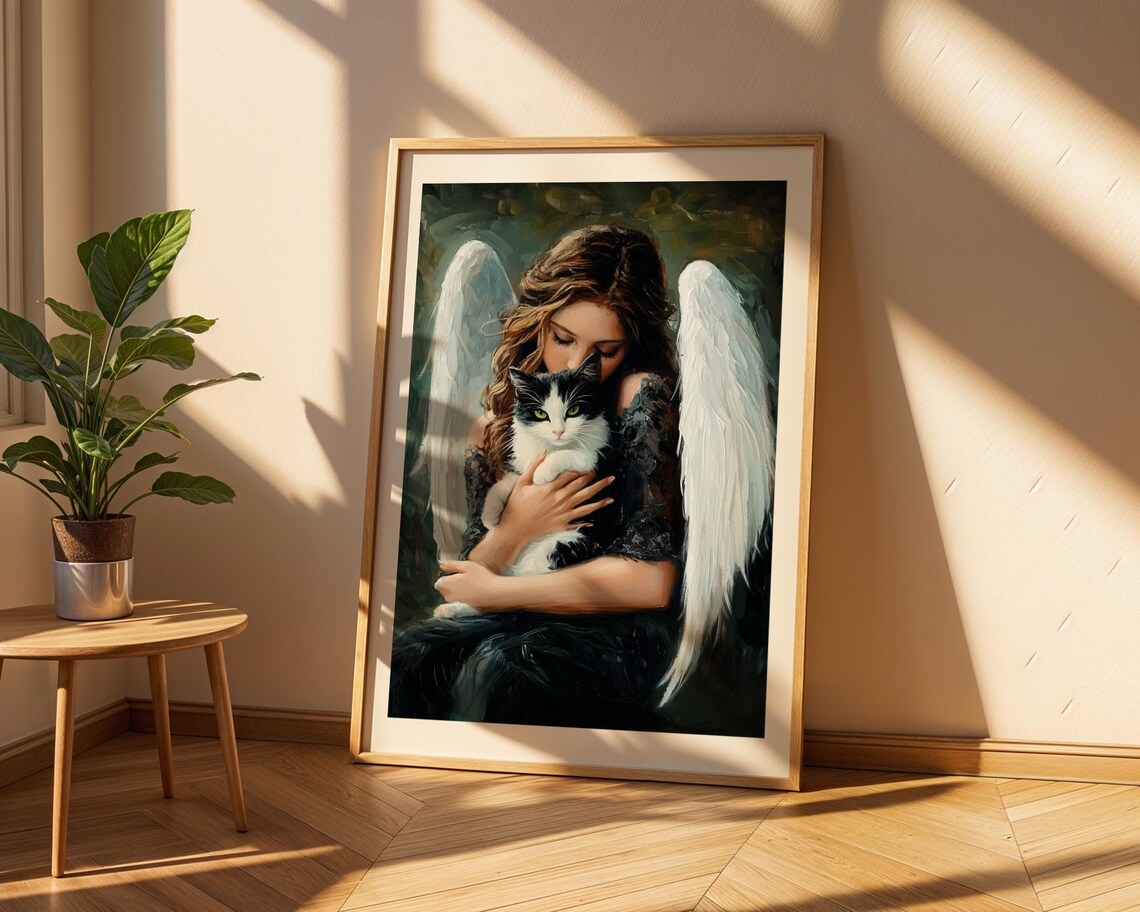 Beautiful Angel Tenderly Kissing A Beloved Tuxedo Cat Poster - Image 2