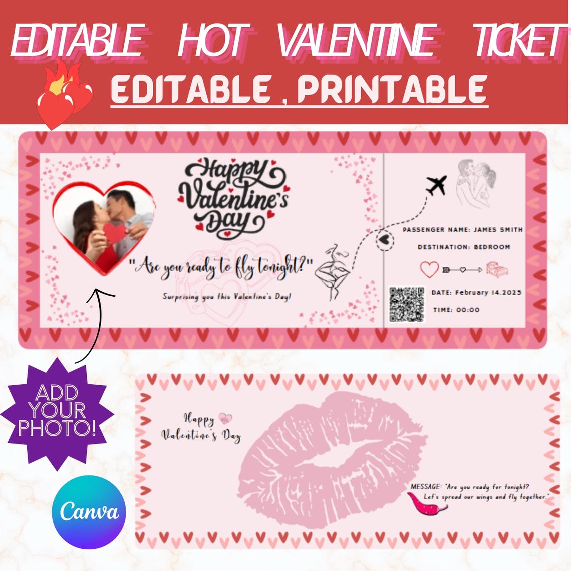Hot Valentine Ticket Editable Digital Couple Gift Love Poster