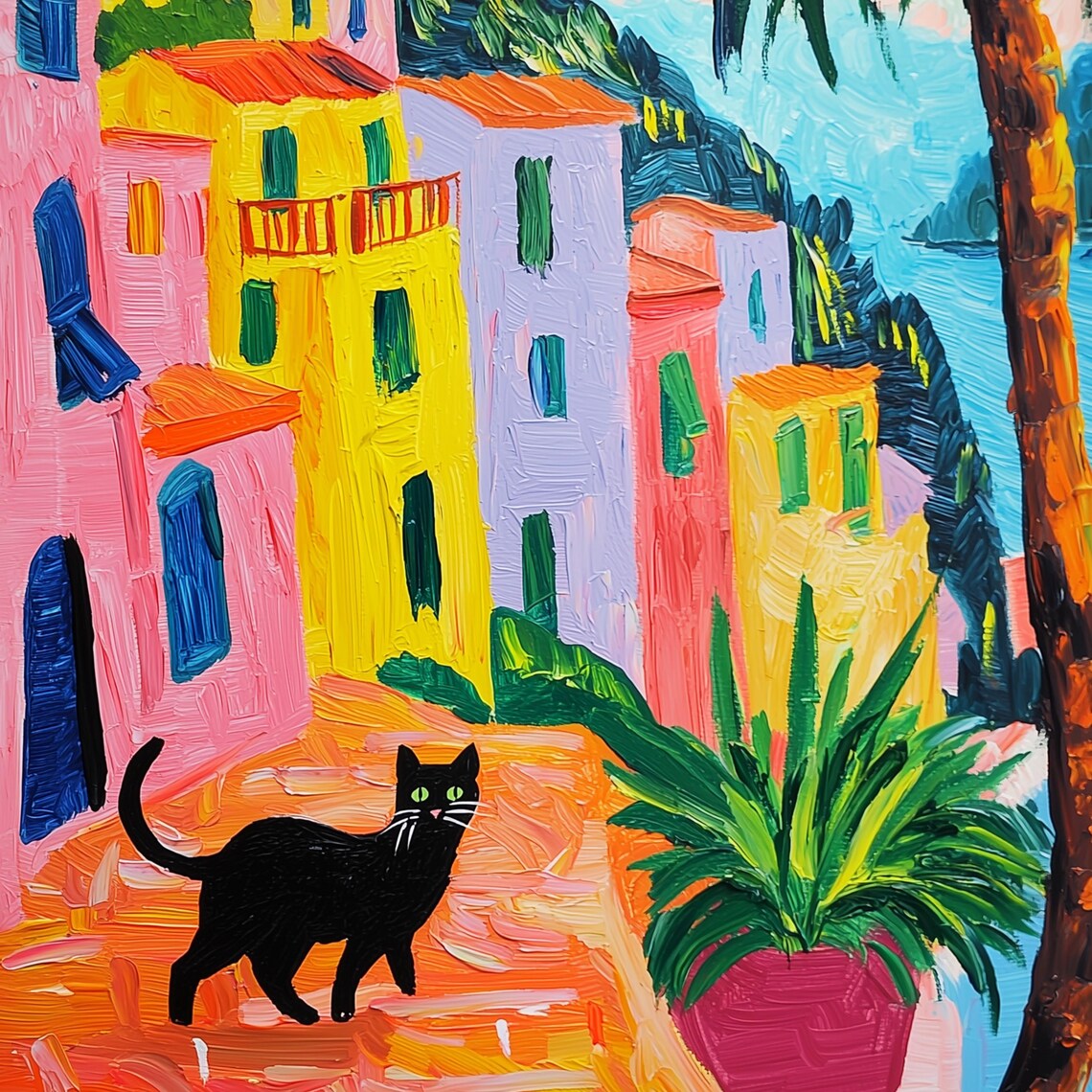 Black Cat Strolling Through A Colorful Coastal Town Sunny Pop Art Poster - Image 3