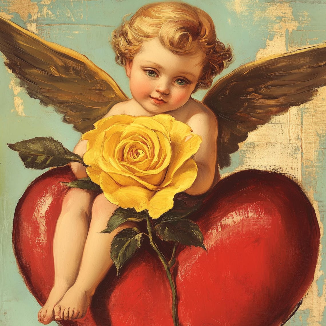 Cherub Sitting on Red Heart with Yellow Rose Vintage Valentine Poster - Image 3
