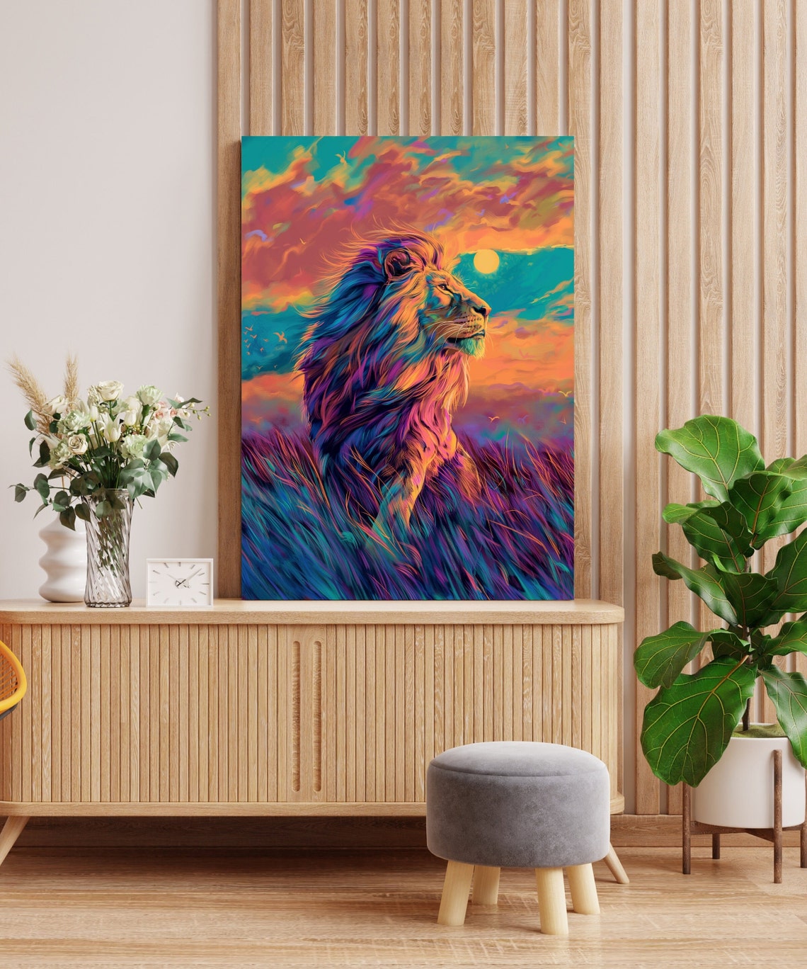 Majestic Lion Sunset Oil Painting Poster Colorful Animal Poster Animal Art Lion Art Maximalist Lion Poster Lion Art - Image 2