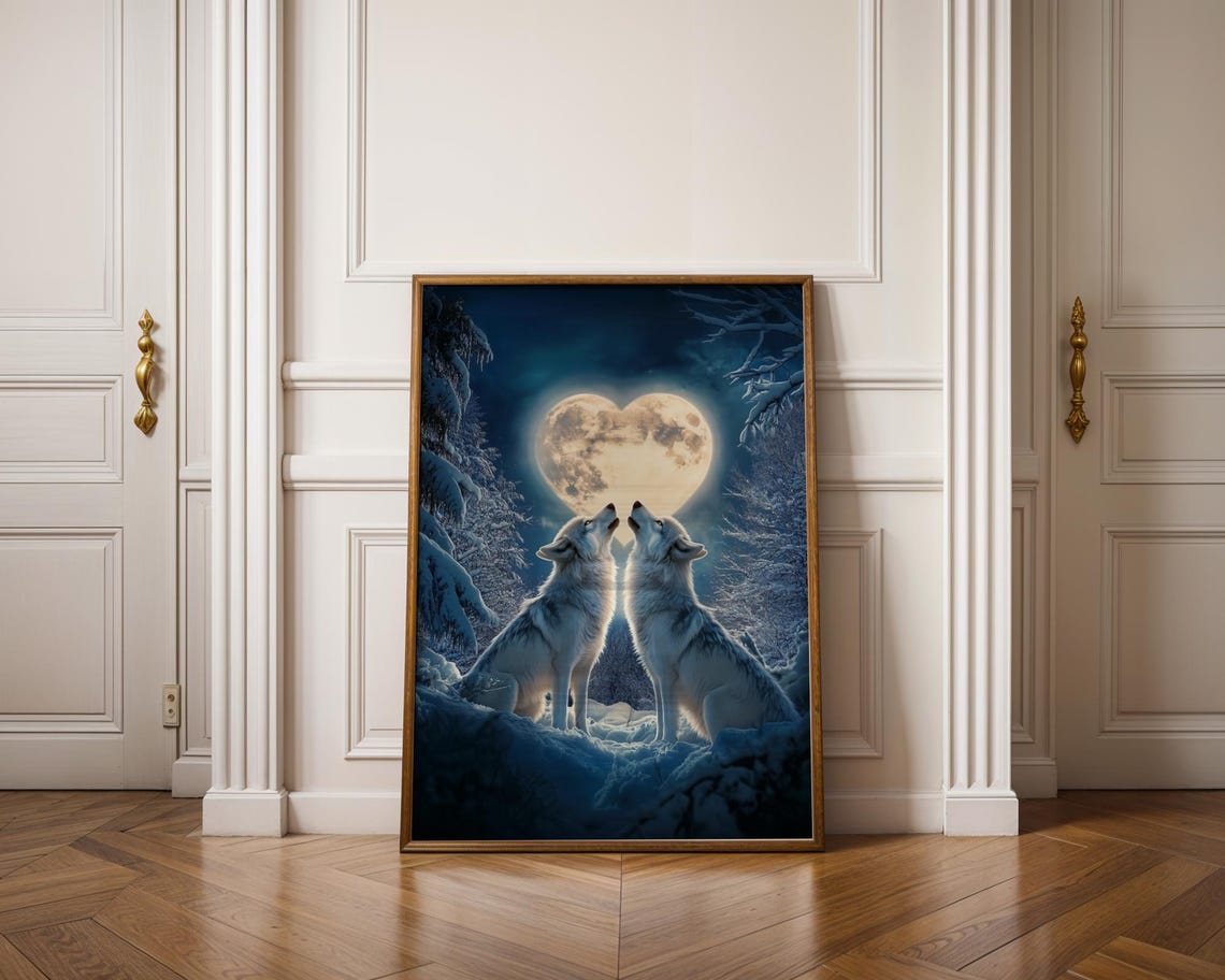 Romantic White Wolves Howling At Heart Shaped Winter Moon Poster - Image 2