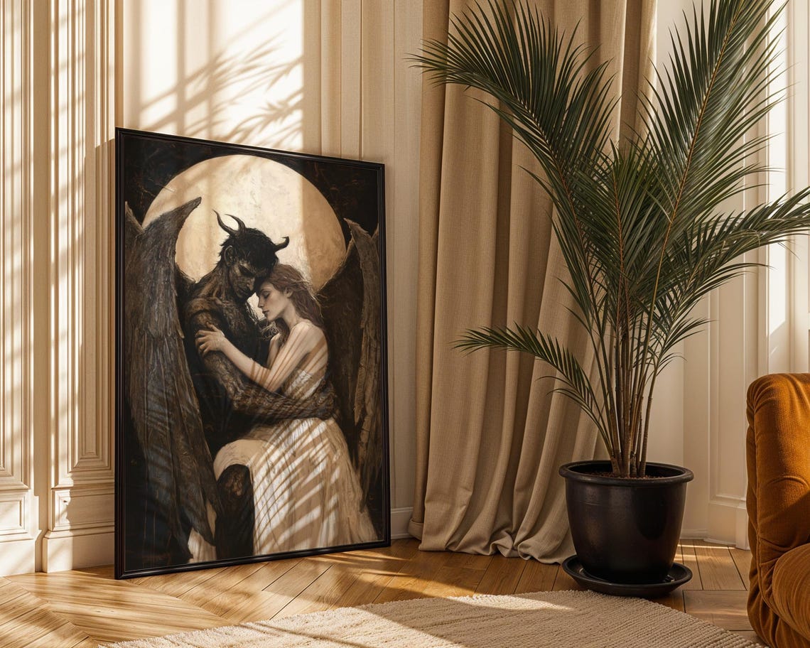 Dark Angel and Maiden Embrace Under Full Moon Gothic Fantasy Poster - Image 3
