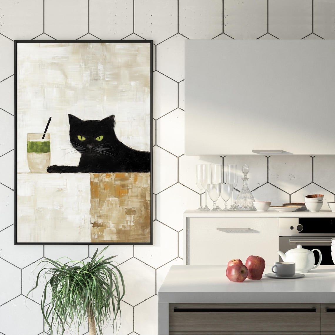 Black Cat Beside A Matcha Drink Minimalist Modern Cat Art Poster - Image 3