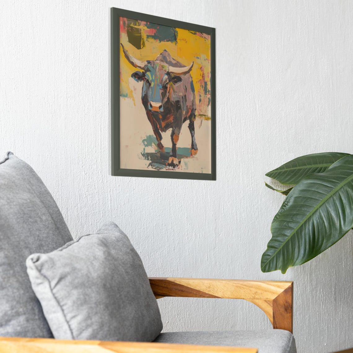 Bold Abstract Bull Oil Painting in Yellow and Teal Gallery Poster - Image 2