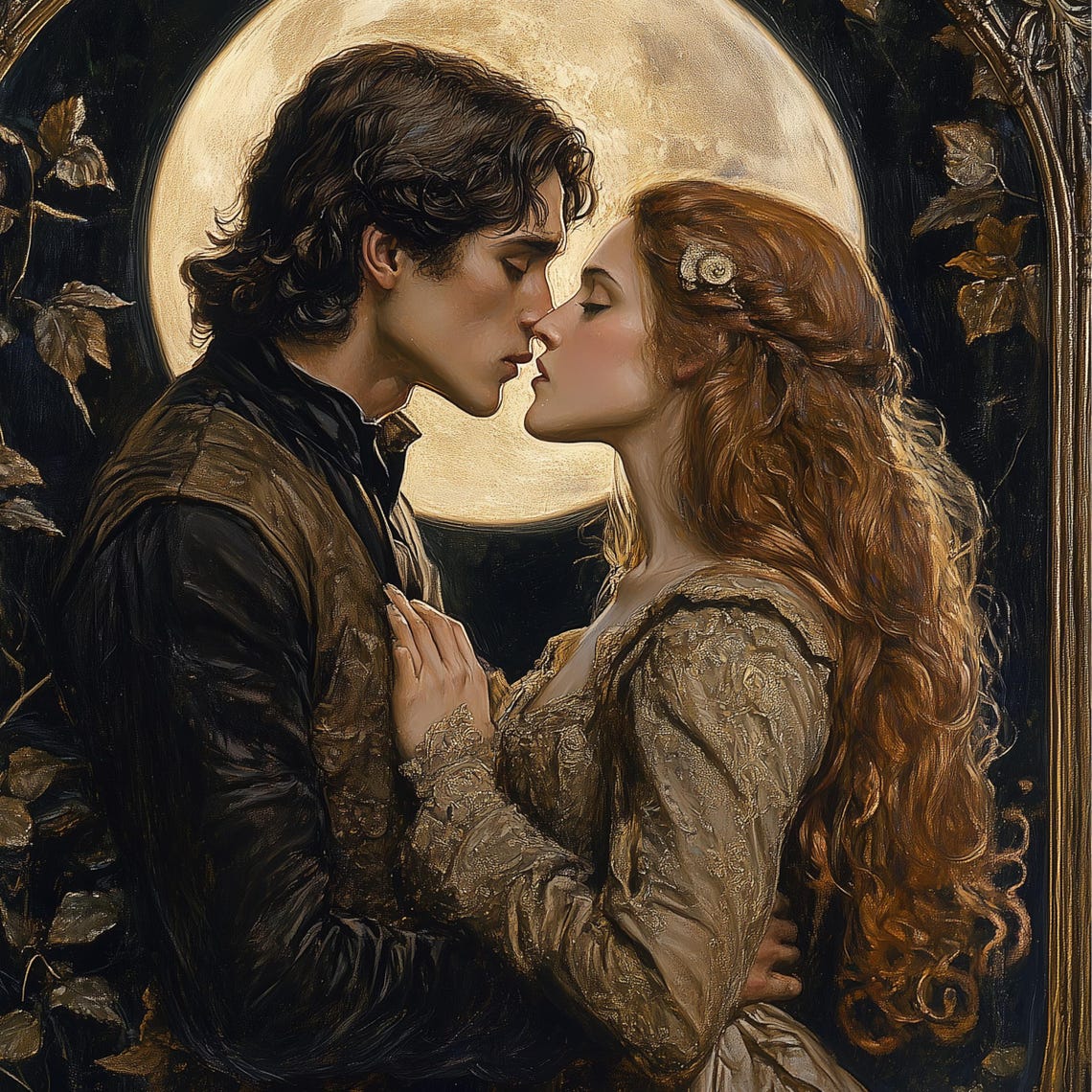 Lovers Kiss Under Full Moon Ornate Vintage Romantic Oil Art Poster - Image 3
