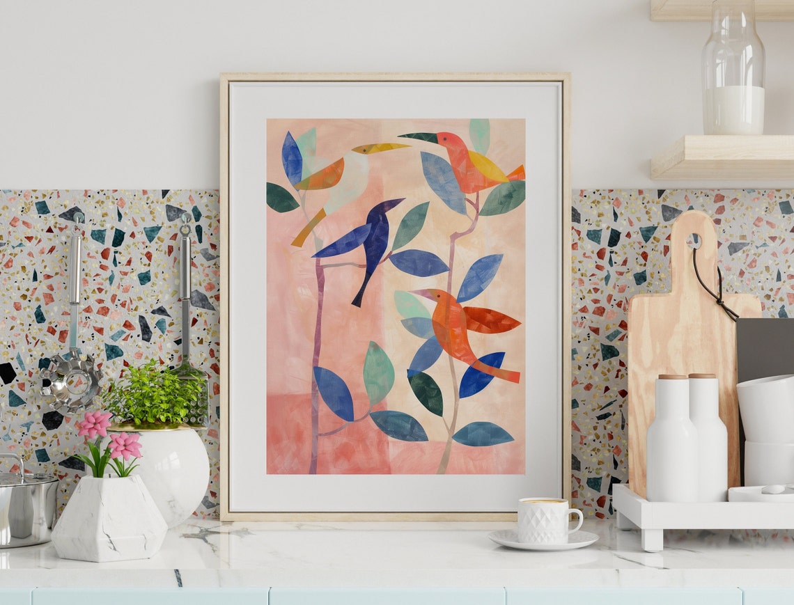 Colorful Geometric Birds on Branches Abstract Modern Botanical Poster - Image 2