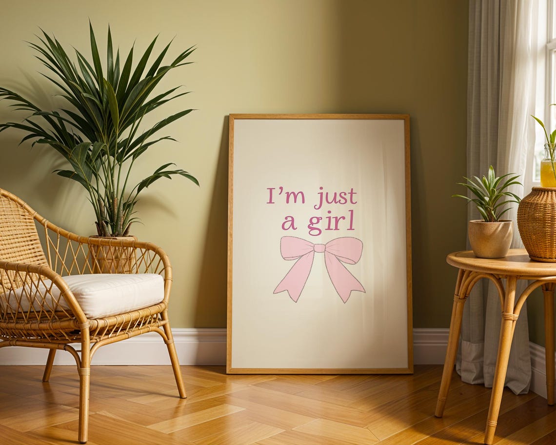 I'm Just a Girl Pink Bow Cream Coquette Minimalist Quote Poster - Image 2