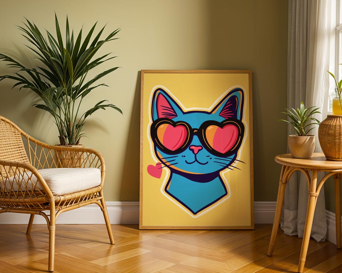Blue Cat Pop Art Heart Sunglasses Retro Yellow Quirky Poster - Image 2