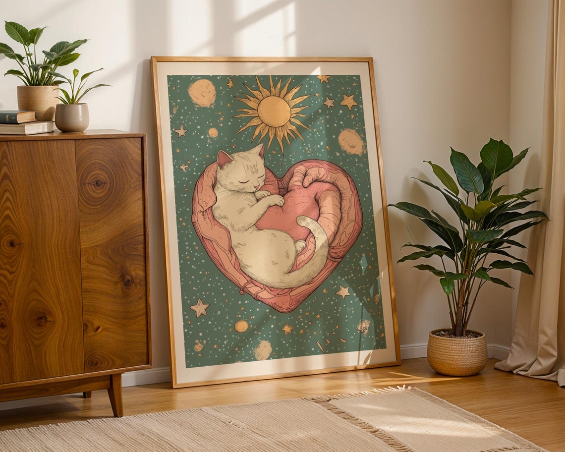Sleeping White Cat on Heart Celestial Sun Moon Starry Poster - Image 3