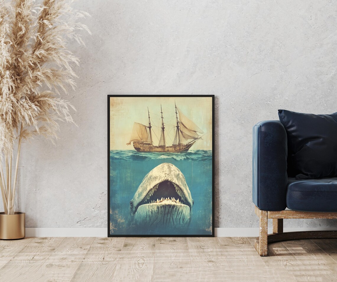 Vintage Tall Ship Sailing Above Giant Whale Open Mouth Poster - Image 3