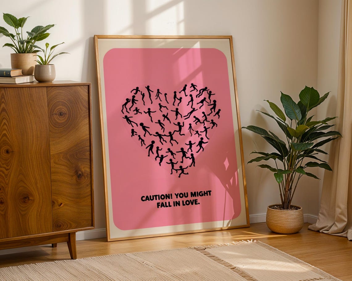 Fall in Love Heart Runners Caution Pink Romantic Quote Poster - Image 3