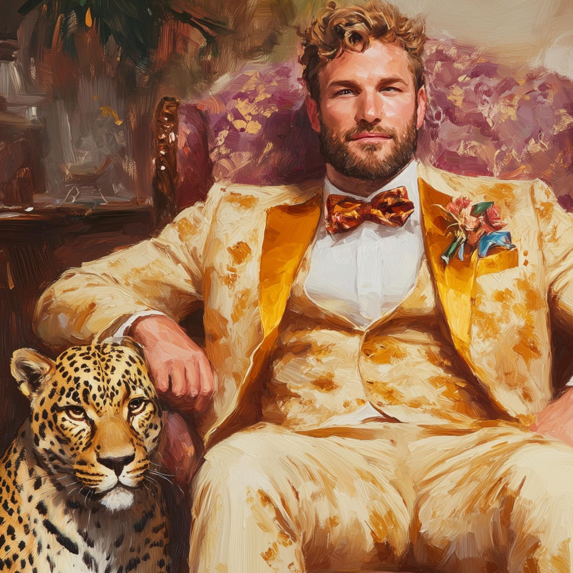 Dapper Gentleman In Golden Suit Relaxing With Leopard Poster - Image 3