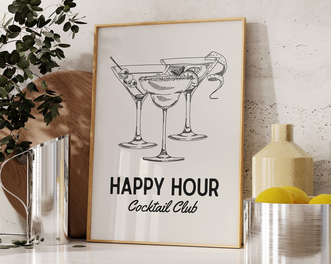 Happy Hour Cocktail Club Martini Sketch Vintage Bar Cart Poster - Image 2