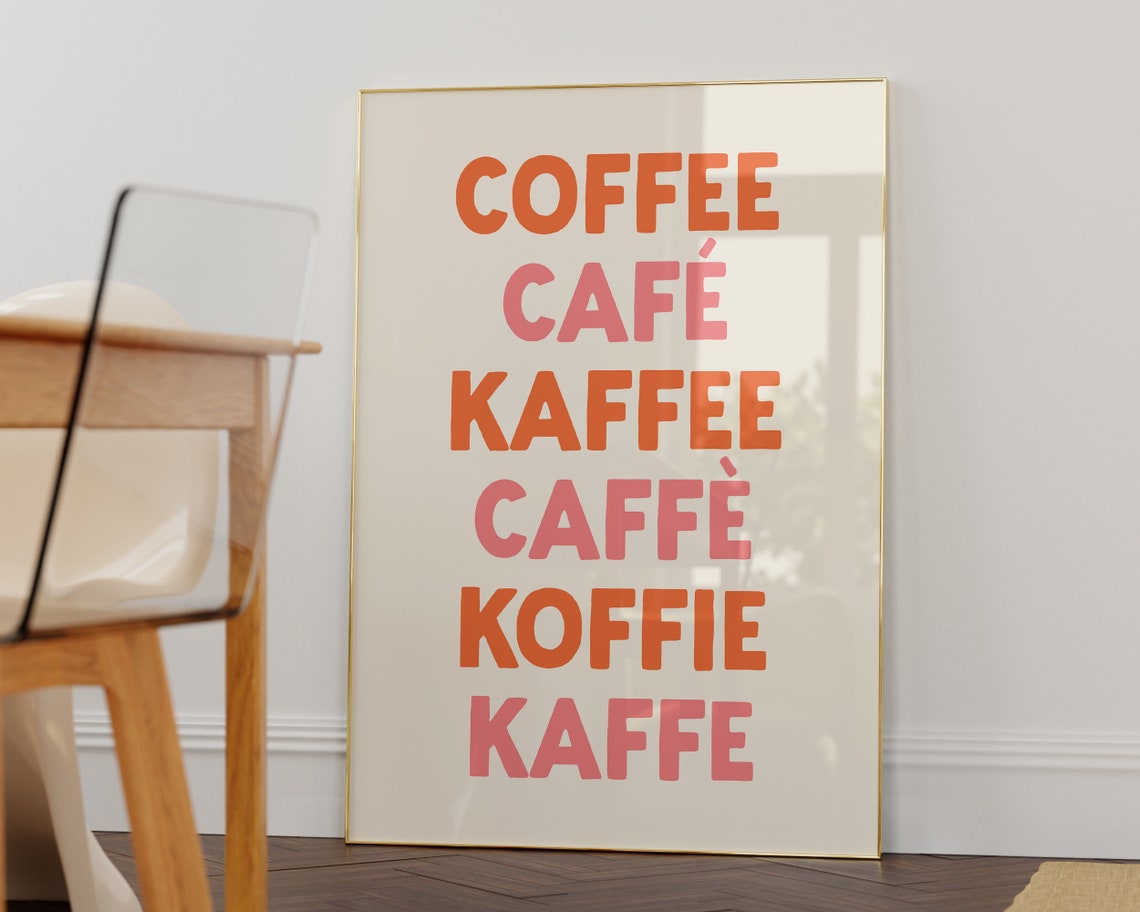 Coffee Multilingual Cafe Typography Kitchen Orange Pink Poster - Image 2