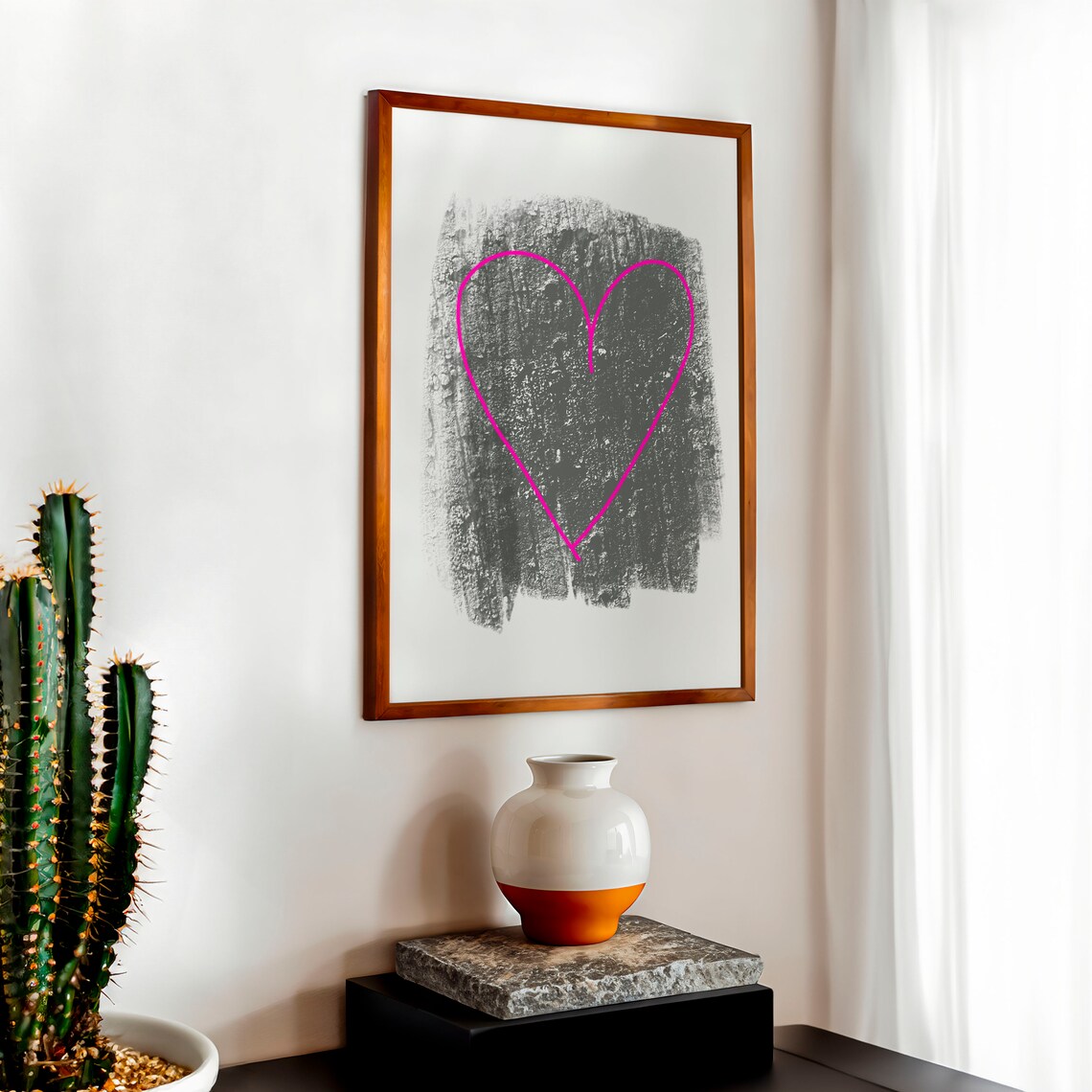 Pink Heart Outline Over Yellow Brushstroke Abstract Art Poster - Image 2