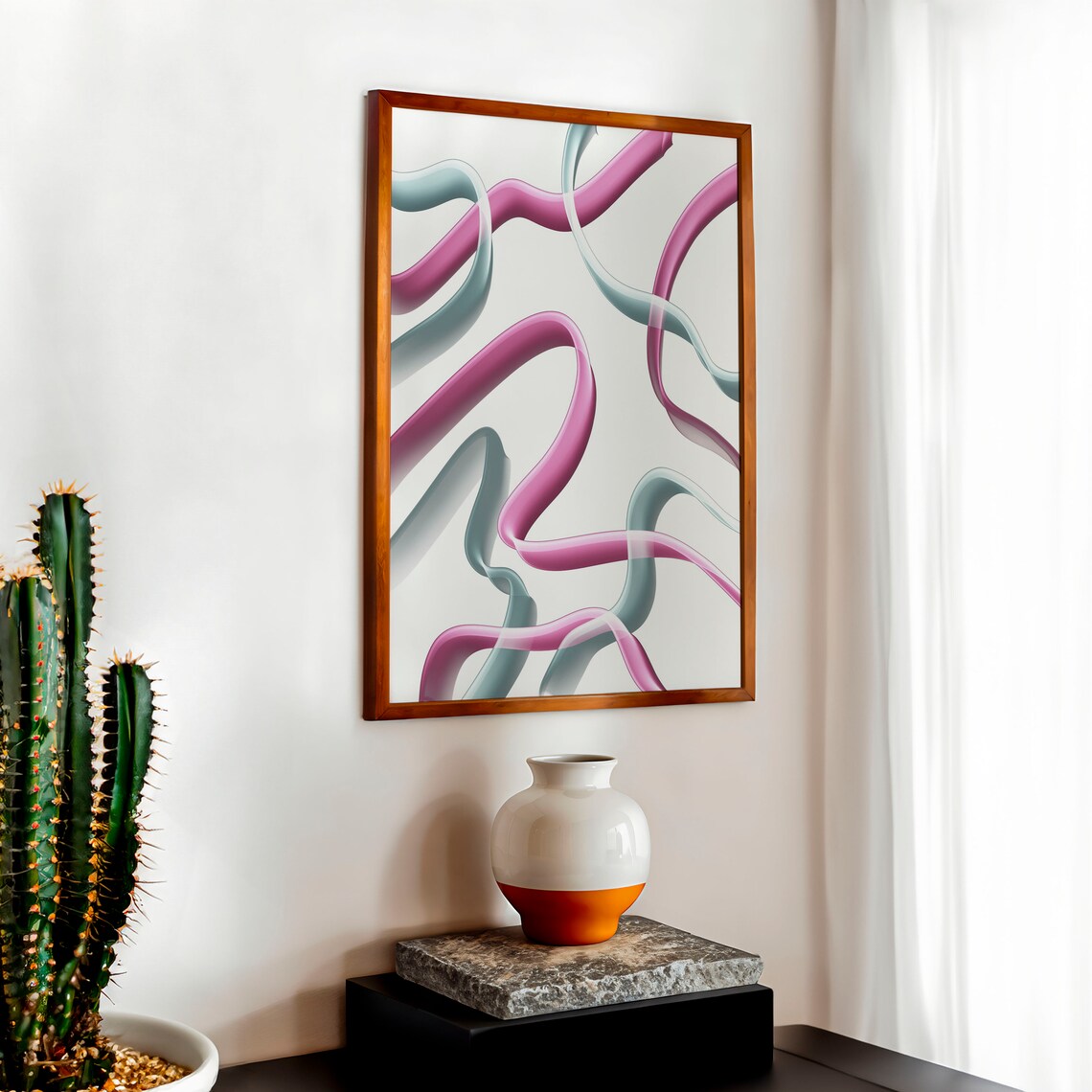 Teal And Lavender Flowing Wavy Ribbon Lines Abstract Art Poster - Image 2