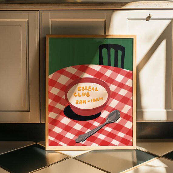 Cereal Club 2AM To 10AM Funny Bowl Quote Gingham Kitchen Breakfast Poster