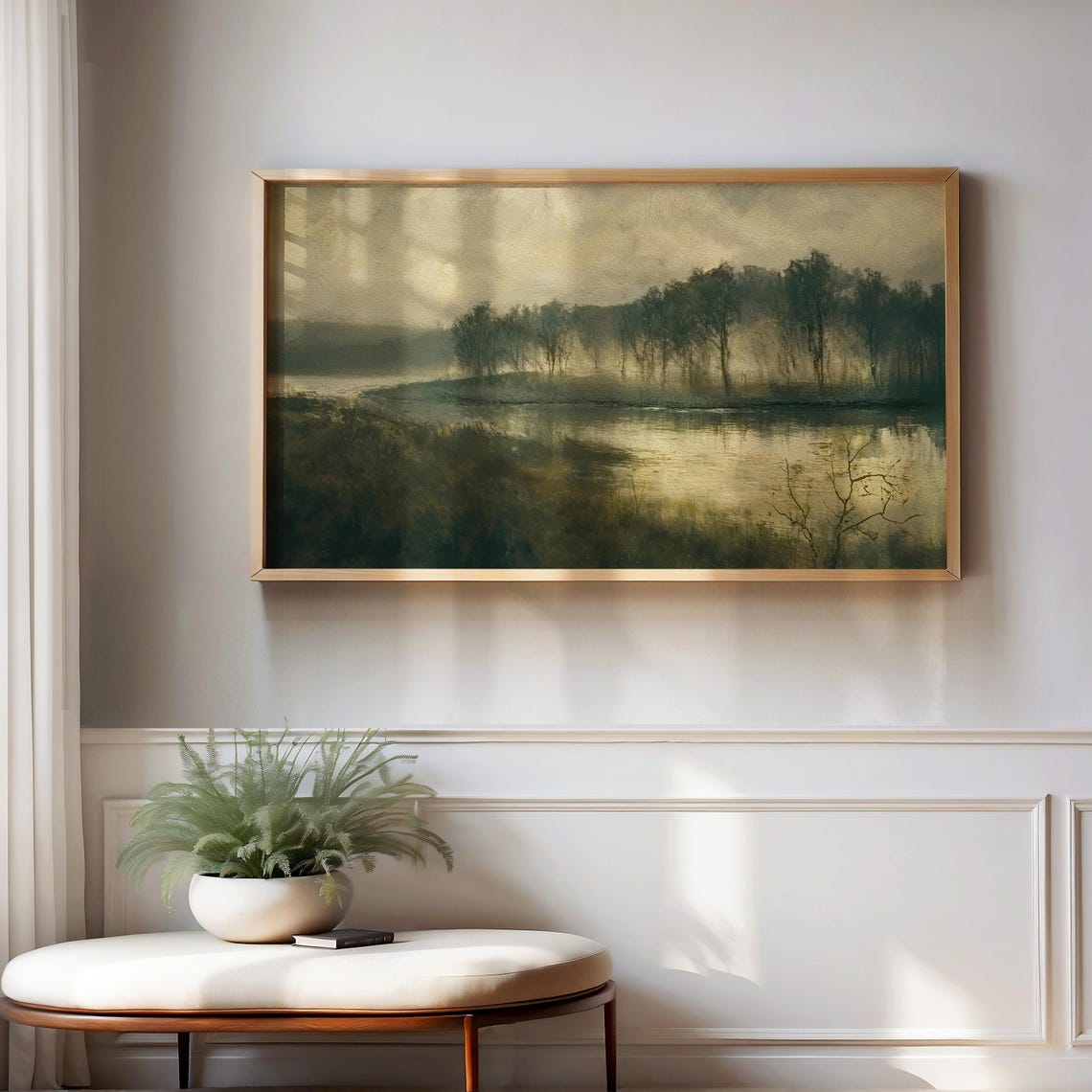 Moody Winter Lake Landscape Painting Dark Misty Trees Shore Poster - Image 3