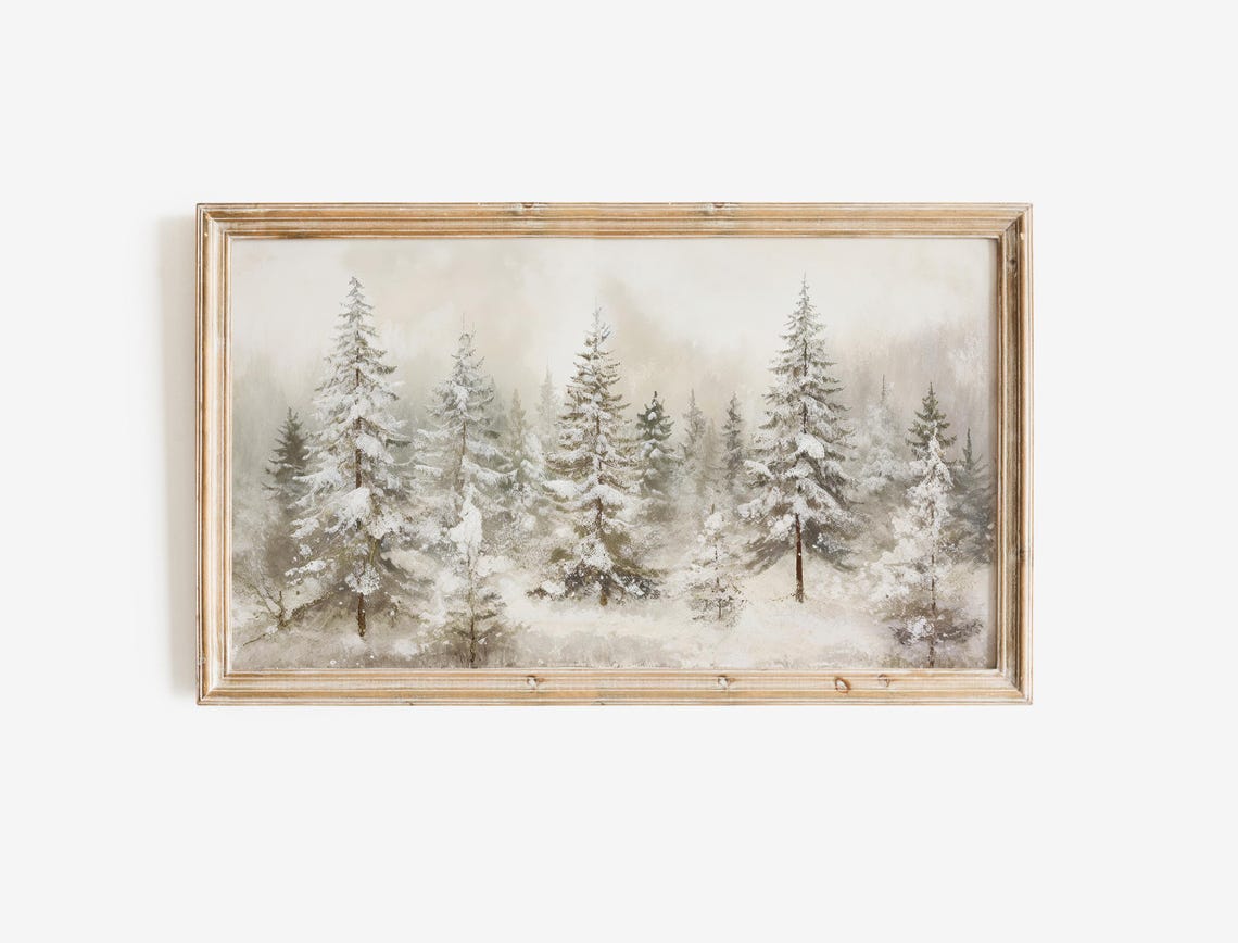 Snowy Winter Forest Painting Snow Covered Pines Misty Morning Poster - Image 2
