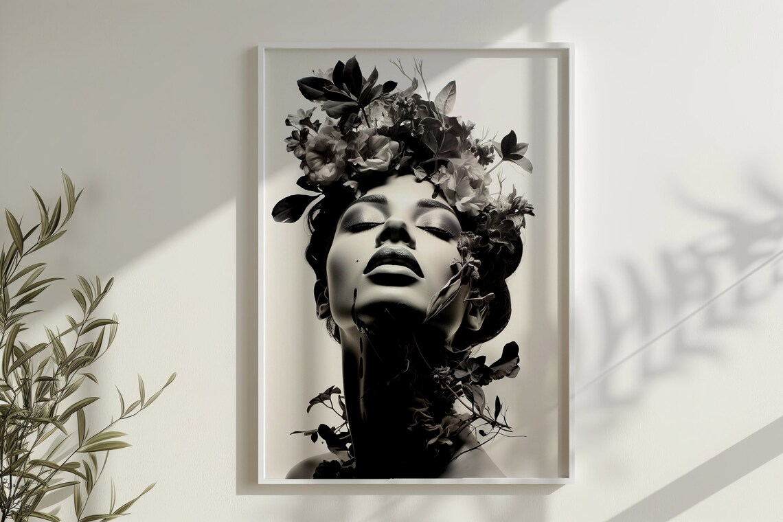 Black and White Woman Flowers Portrait Art Print