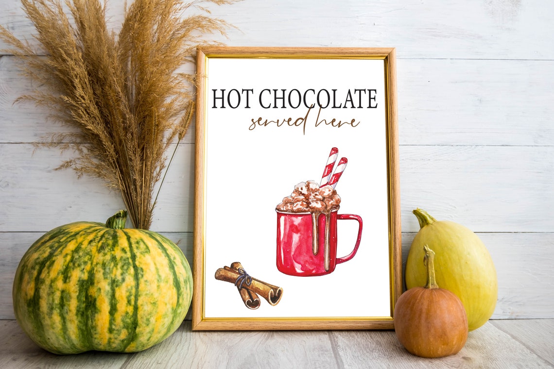 Hot Chocolate Served Here Red Mug Watercolor Winter Wall Art