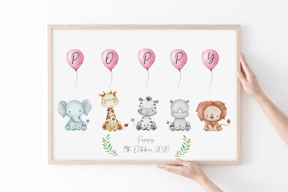 Personalised Safari Balloon Watercolor Animal Art Print