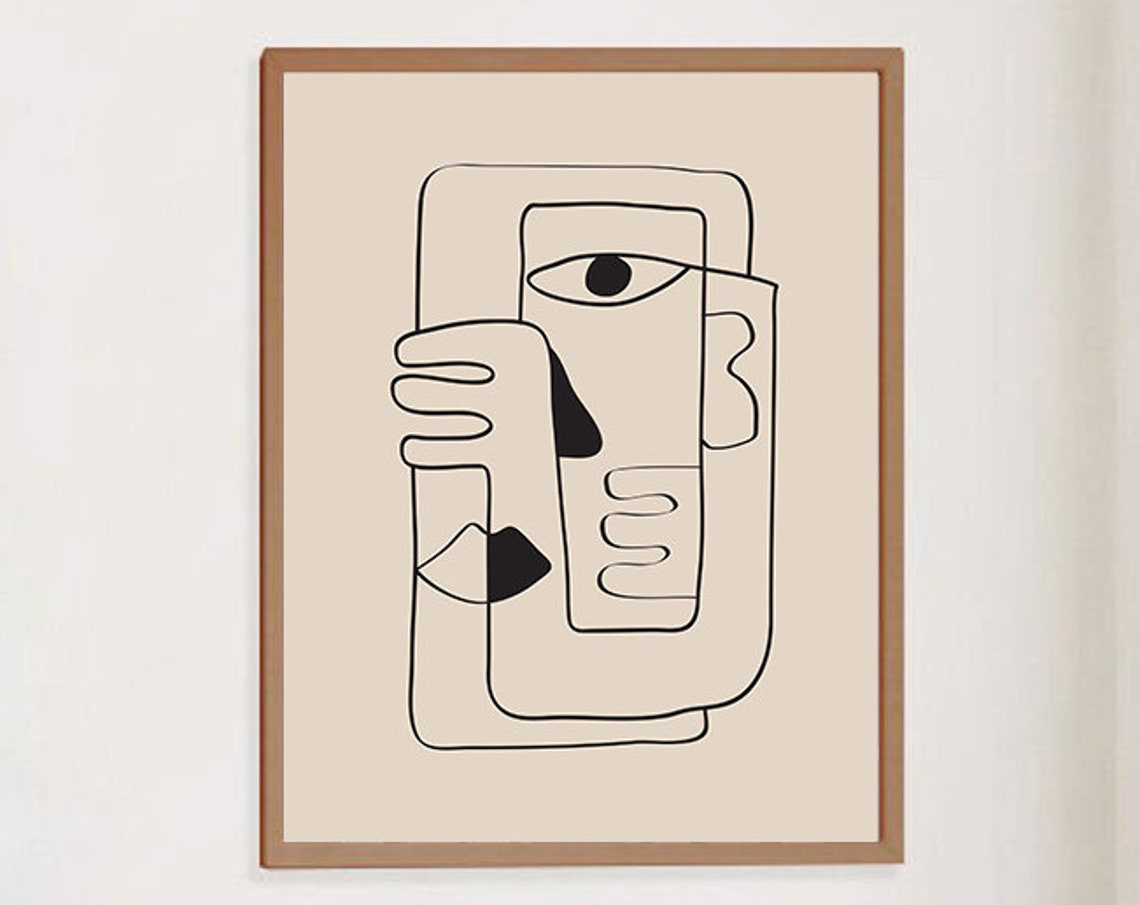 Abstract Face Continuous Line Drawing Beige Minimalist Wall Art - Image 4