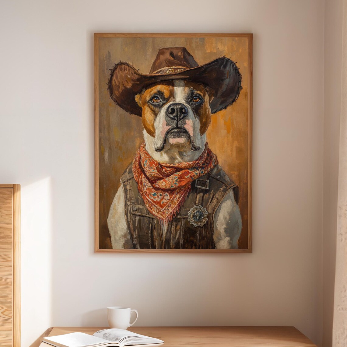Boxer Dog Cowboy Sheriff Portrait Hat Red Bandana Vest Badge Poster