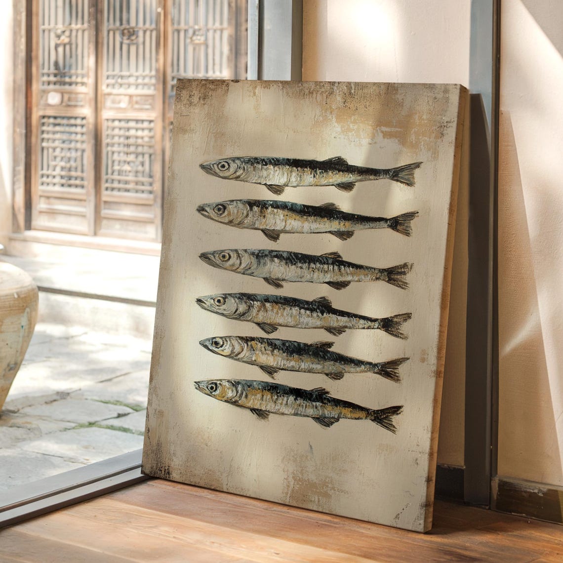 Six Sardines in a Row Vintage Style Seafood Painting Art Poster