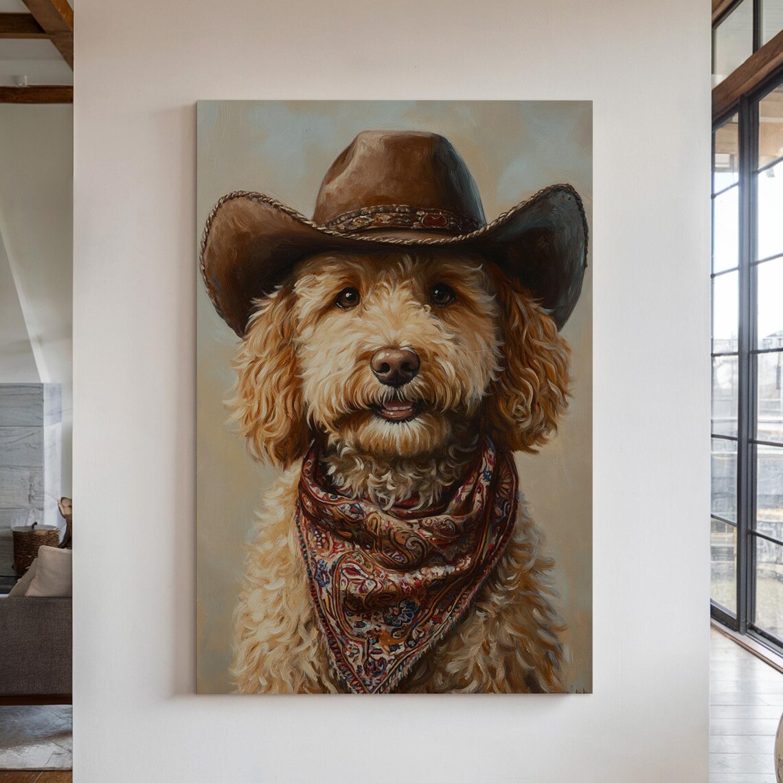 Goldendoodle Dog in Cowboy Hat and Paisley Bandana Portrait Poster