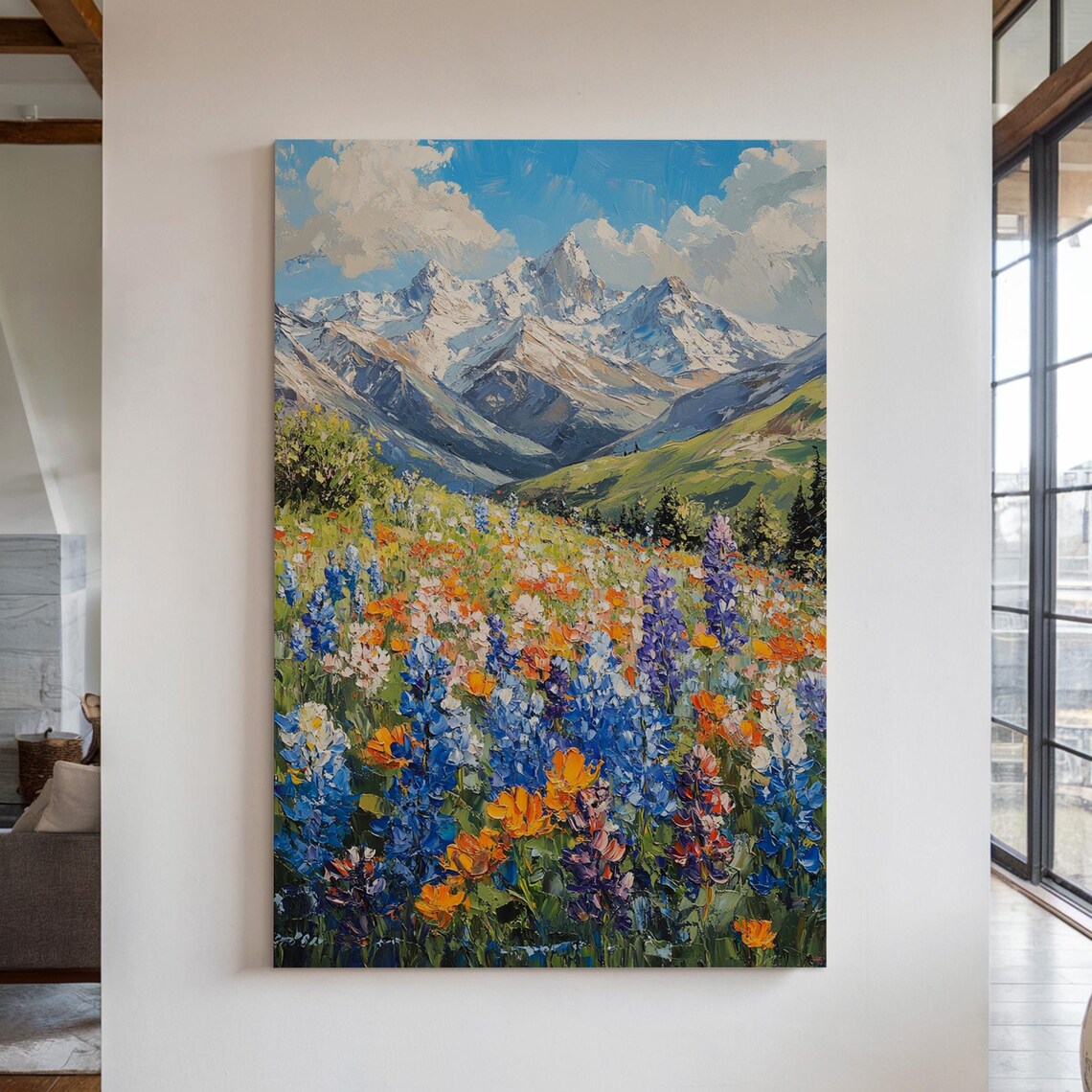 Snowcapped Mountain Bluebonnet Meadow Impasto Oil Painting Poster