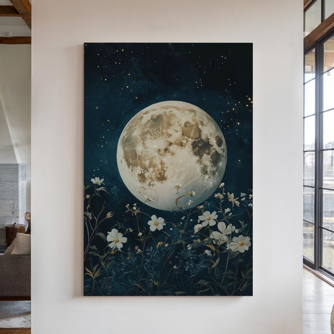 Full Moon Rising Over White Wildflowers Starry Night Art Poster