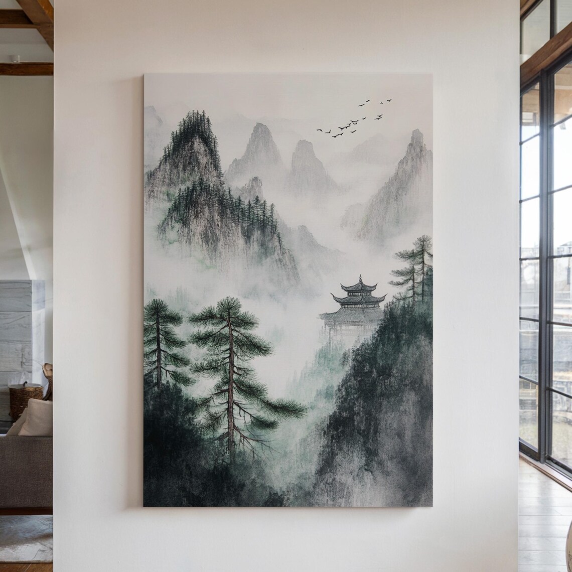Misty Mountain Pagoda, Japanese Ink Wash Landscape