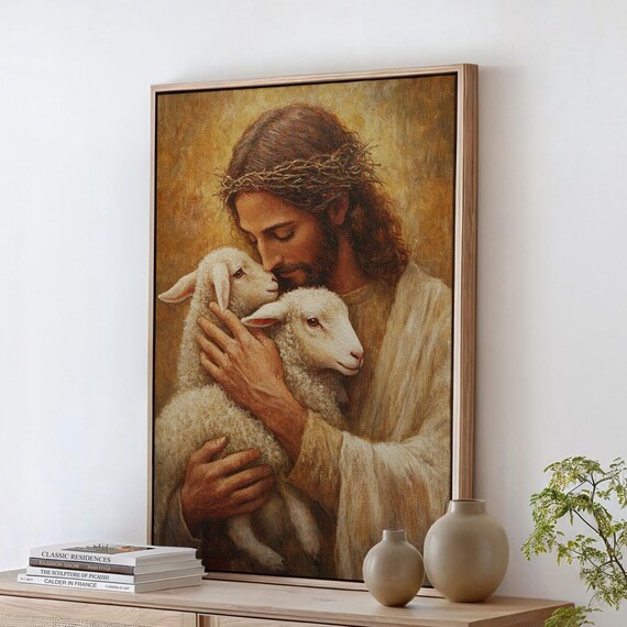 Jesus Holding Two Lambs Crown of Thorns Tender Embrace Poster