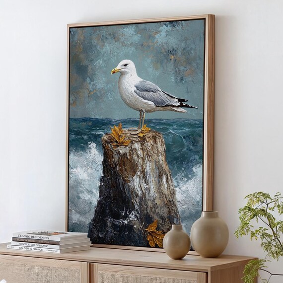 Seagull Standing on a Textured Stump with Autumn Leaves Ocean Poster