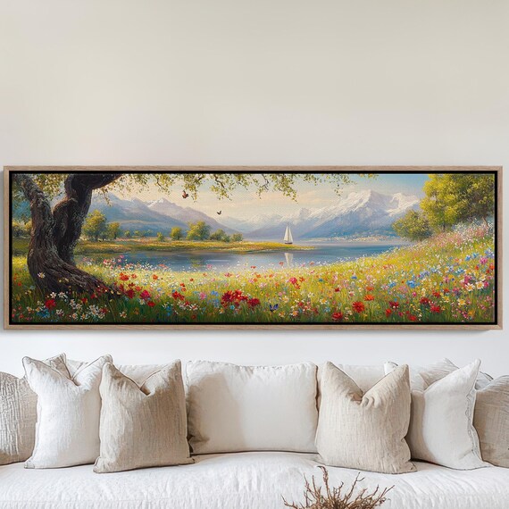 Wildflower Meadow Lake Sailboat Snowy Mountains Butterflies Art Poster