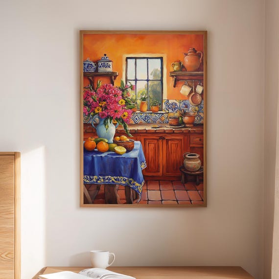 Mexican Kitchen Wall Art With Blue Tiles And Citrus Vibrant Rustic Canvas For Hacienda Style Or Spanishinspired Home Decor