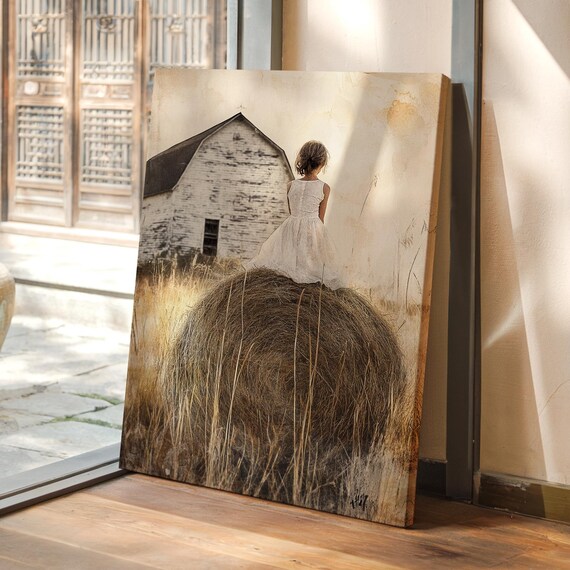 Girl on Hay Bale White Barn Rustic Country Farm Childhood Poster