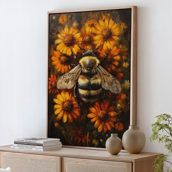 Bumblebee Art Vibrant Yellow And Orange Flowers Nature Inspired Wall Decor Pollinator Artwork For Home Wildlife Painting