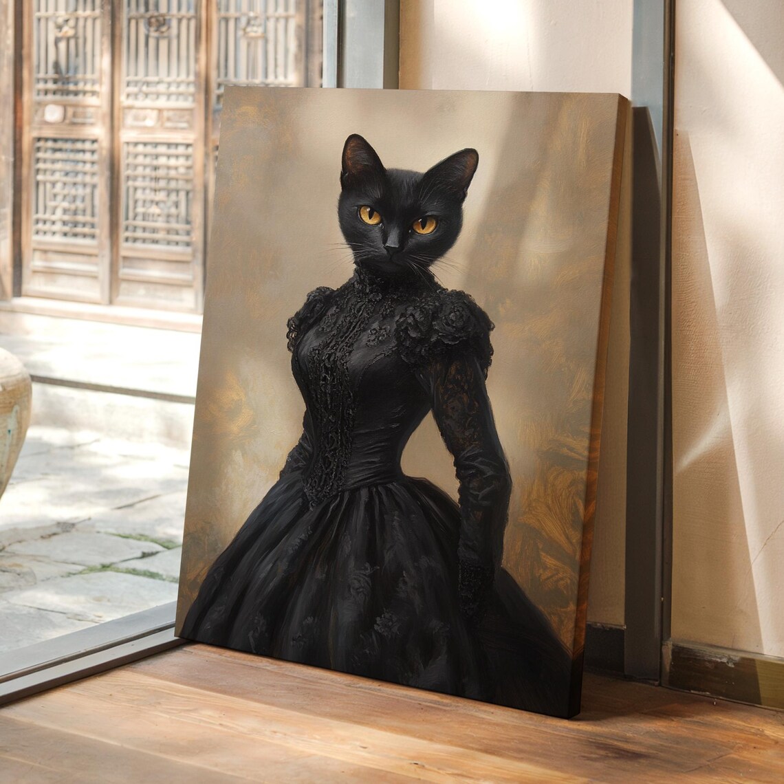 Elegant Black Cat In Black Victorian Lace Gown Gothic Wall Art