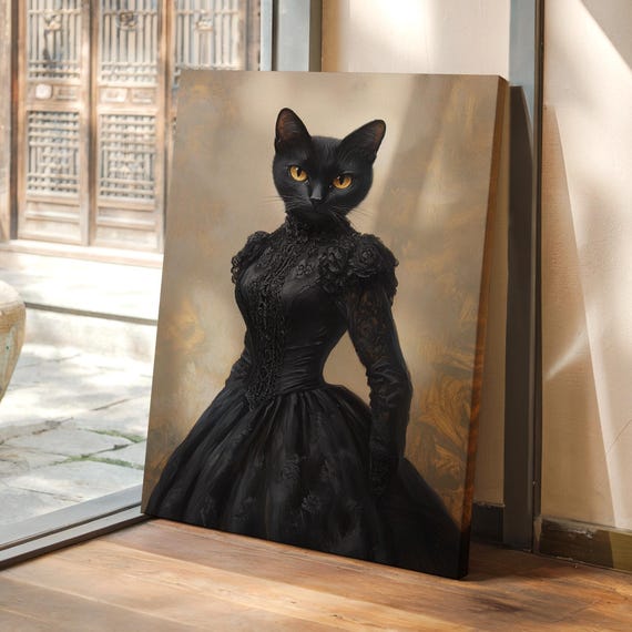 Regal Black Cat Portrait Wall Art Gothic Victorian In Elegant Dress Canvas Whimsical Pet Decor For Dark Academia