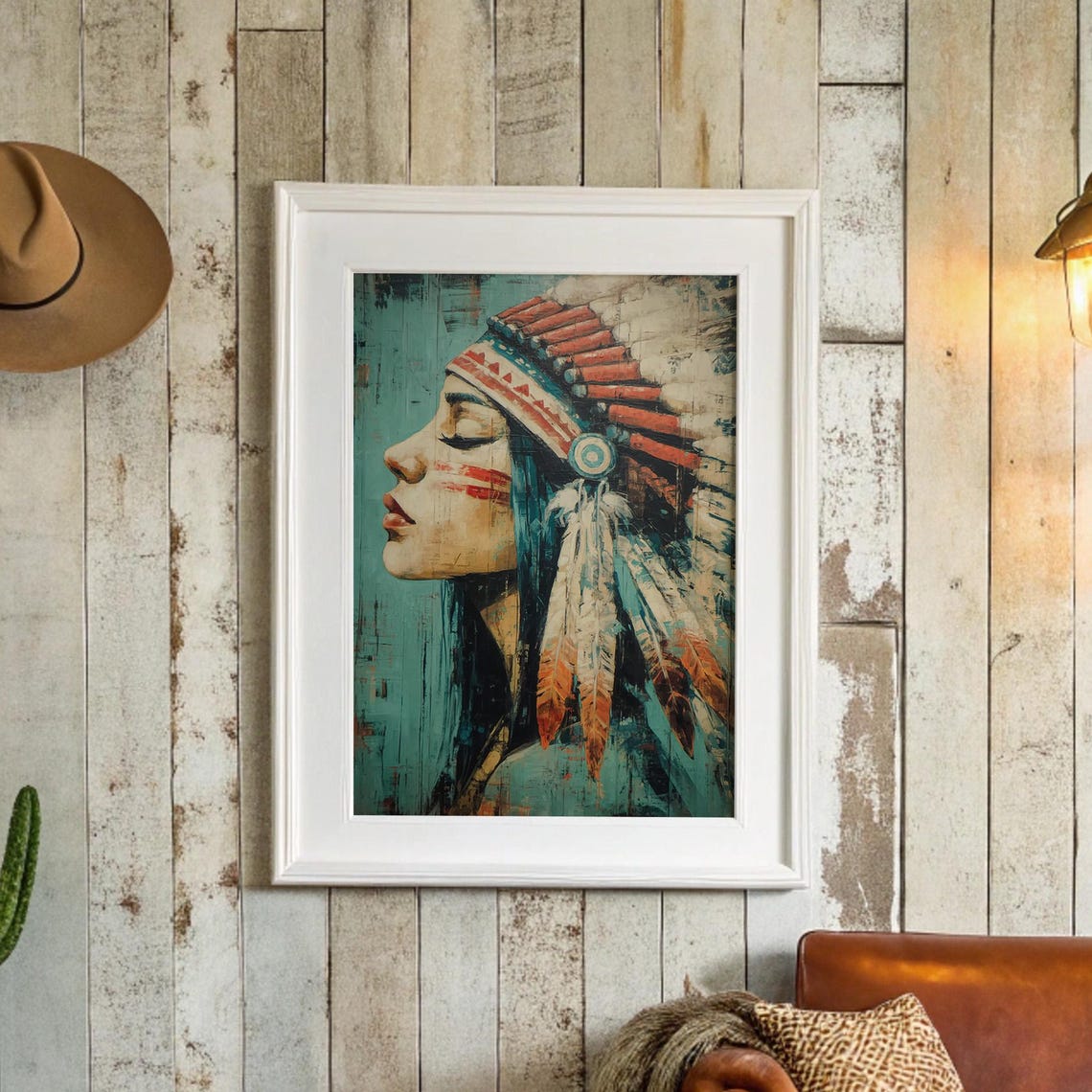 Native Feathered Headdress Woman Teal Western Portrait Print