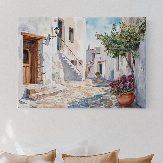 Mediterranean Village Street Watercolor Art Print